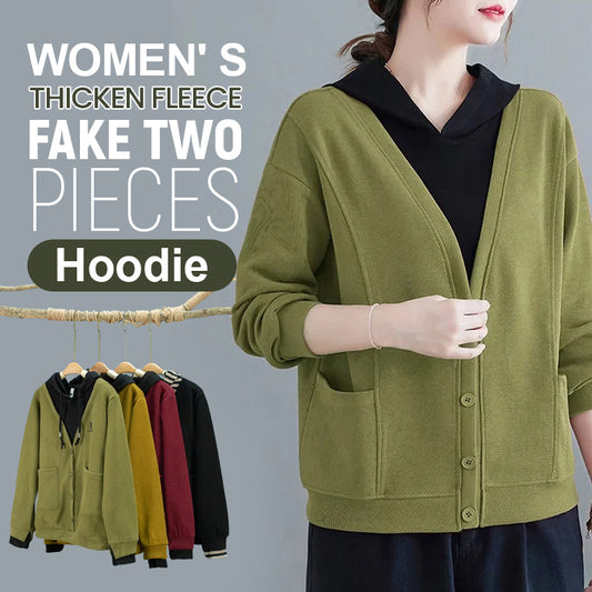 Women’ s Thicken Fleece Fake Two Pieces Hoodie