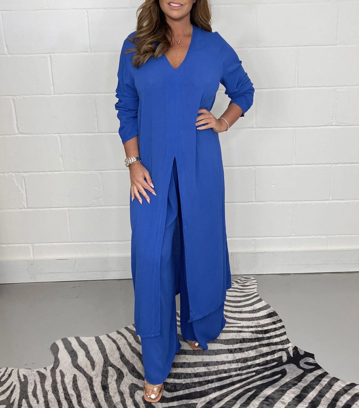 Summer Cool Set - Two Piece Casual Long Top and Casual Trousers
