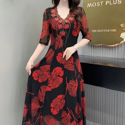 🔥Women's V-Neck Floral Waist-Slimming Long Dress