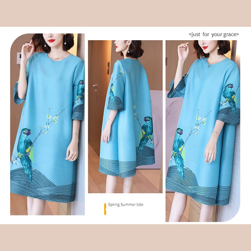 Women’s Ice Silk Vintage Print Crepe Dress