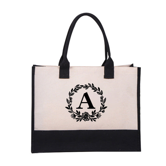 【🎁هدية عيد الأم】هدية مثالية - حقيبة يد نسائية مصنوعة من القماش الكتاني ذات حروف ذاتية الصنع، حقيبة يد بسيطة للتسوق على الكتف